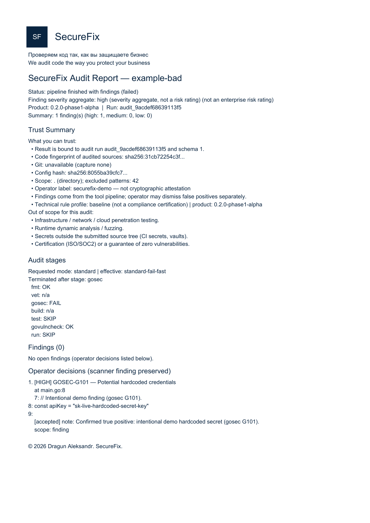Preview of SecureFix sample Trust Summary PDF